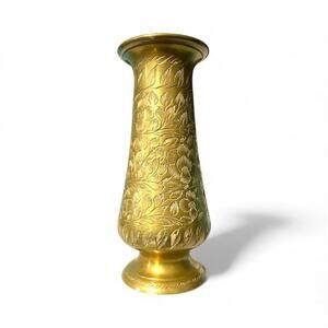 Vintage Small Bud Flower Vase India Gold Brass Hand Engraved Carved 6” Handmade